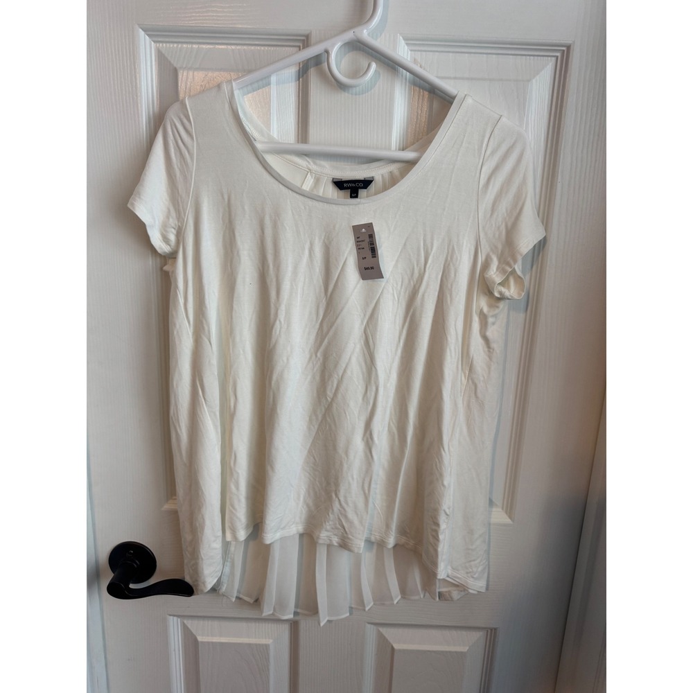RW&CO Ivory Knit Top w/ Sheer Pleated Hem Short Sleeve NWT S Petite